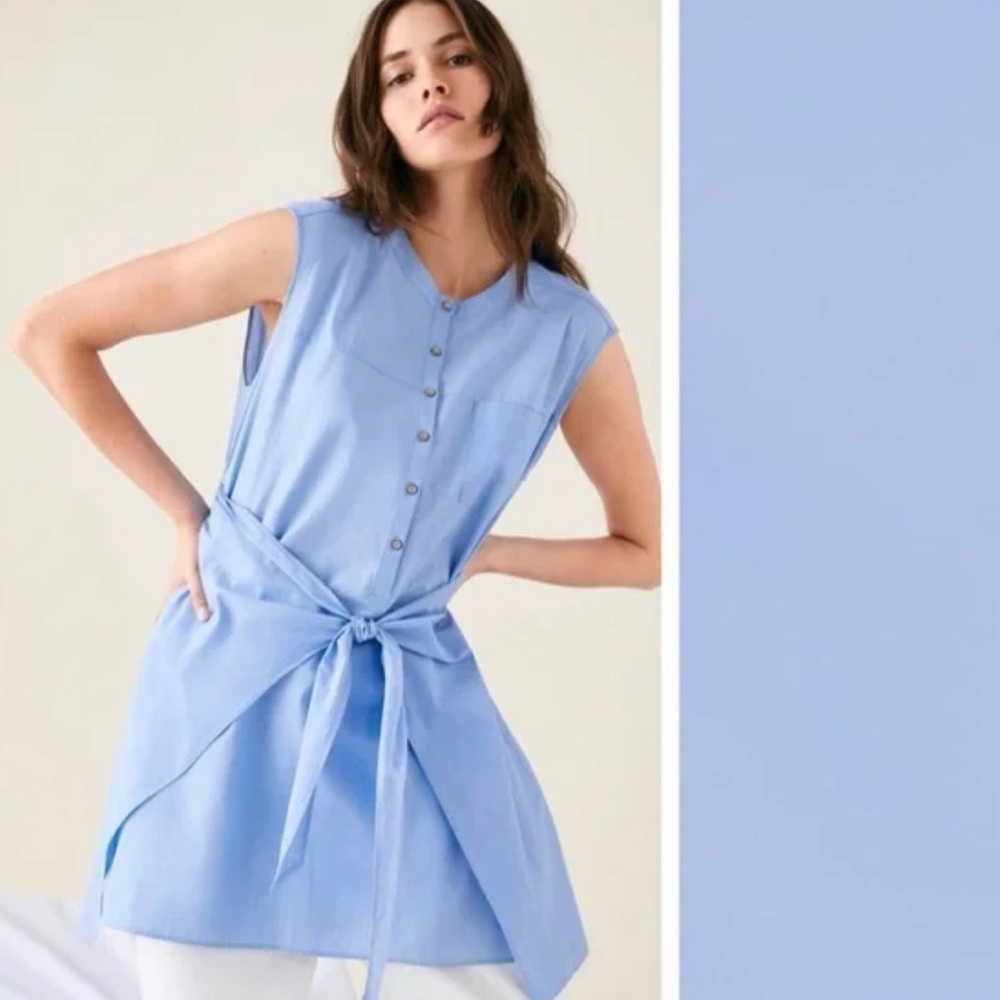 ZARA Knotted Tie Front Sleeveless Shirt Dress Tunic Light Blue Size XS - Picture 2 of 14